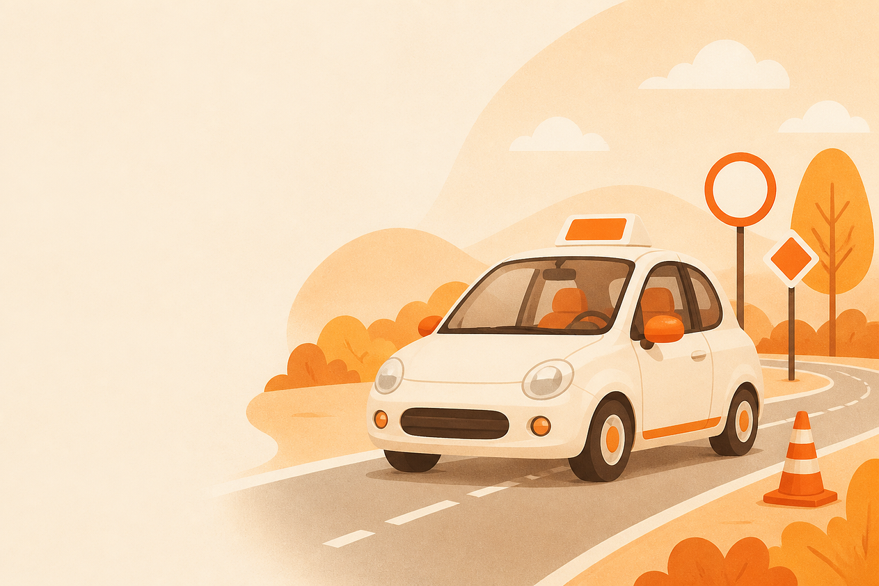 Ilustrace výcvikového vozidla autoškoly na silnici