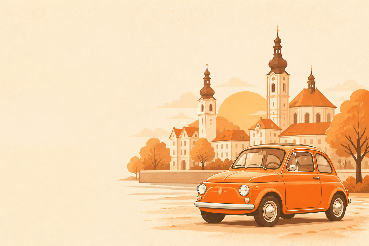 Ilustrace historického vozu před panoramatem Uherského Hradiště